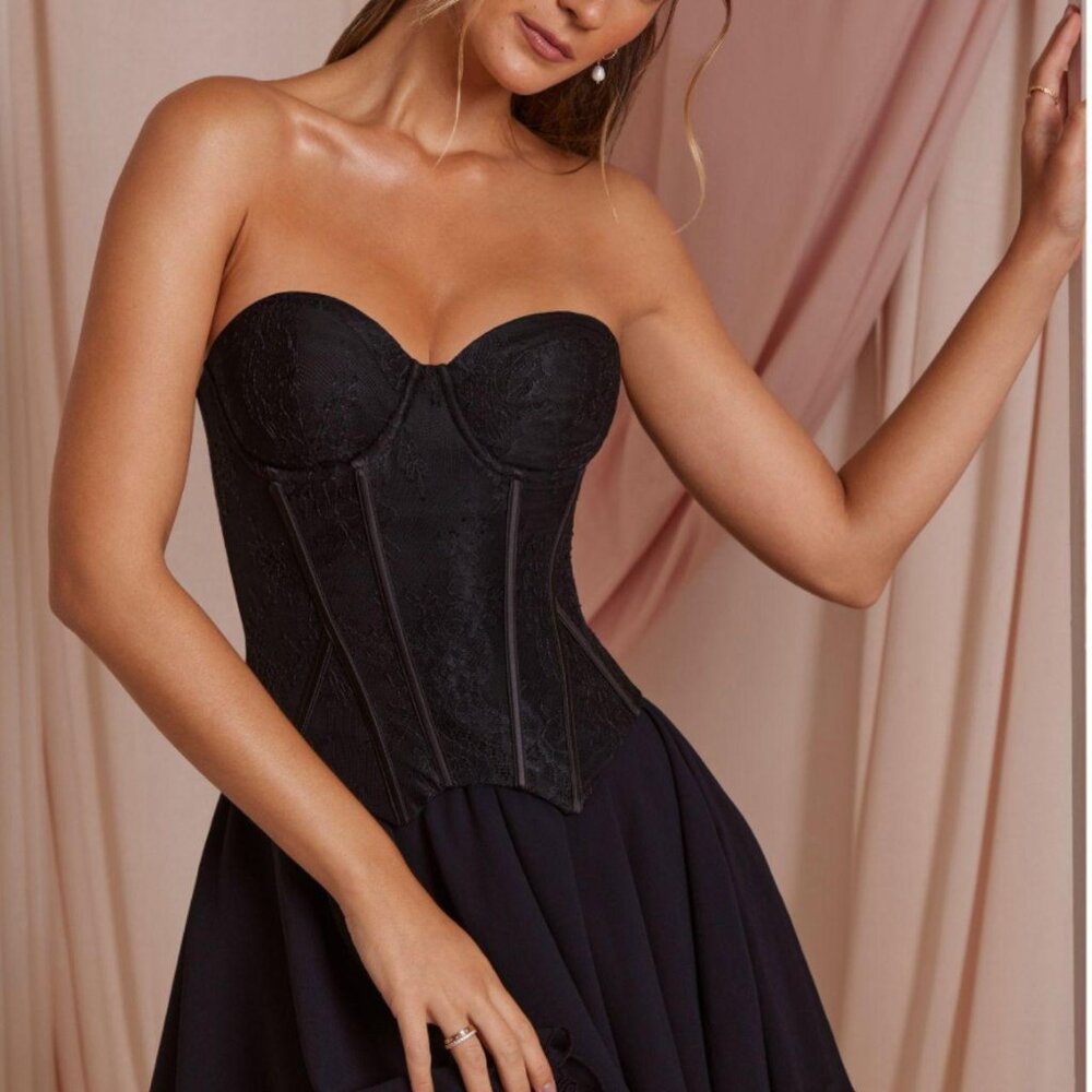 NWT Oh Polly Strapless Lace Corset Mini Dress in Black